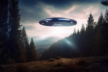 Fototapeta na wymiar UFO space ship flying above forest