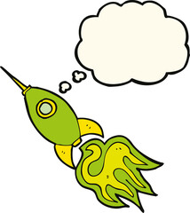cartoon space rocket with thought bubble