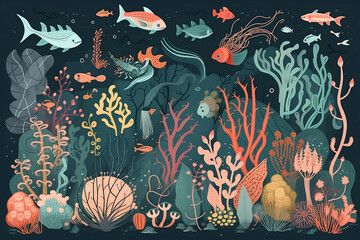 colorful hand drawn illustration of underwater animals