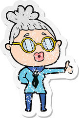 distressed sticker of a cartoon woman wearing spectacles