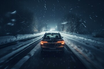 Fototapeta na wymiar Driving home for Christmas in a blizzard at night time. Nocturnal car driving on a snowy road in winter. Melancholic illustration artwork of a lonely driver on a road on Christmas. generative ai