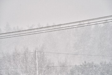 Heavy snow on electrical wires. Frozen electric wires in the city. Winter. Dangerous electricity wires. Uncleaned snow on wires. Old electrical cables. Old electrical technology