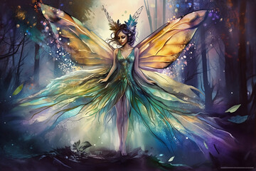 colorful fantasy landscape with fairy with giant wings - obrazy, fototapety, plakaty