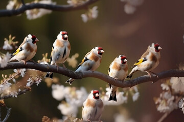 a flock of goldfinches on a blossoming branch of an apple tree