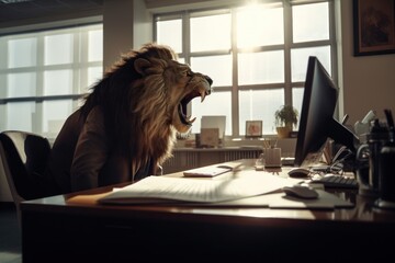  An anthropomorphic lion roaring in his office, A lion businessman who shows his authority in the office, Generative AI