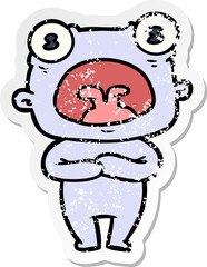 distressed sticker of a cartoon weird alien communicating