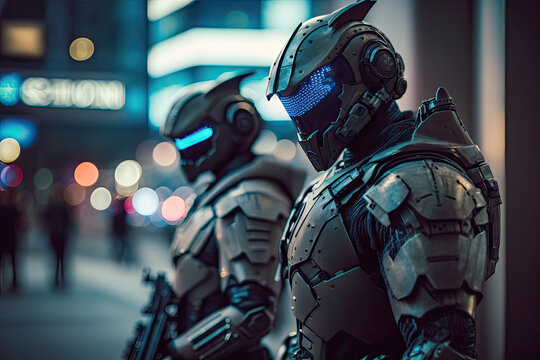 A futuristic security soldier equipped with full-body armor that protects the city, Generative AI