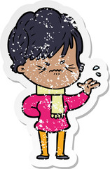 distressed sticker of a cartoon frustrated woman