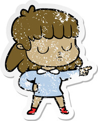 distressed sticker of a cartoon indifferent woman accusing