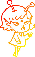 warm gradient line drawing pretty cartoon alien girl