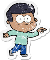 distressed sticker of a cartoon happy man