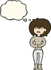 cartoon worried woman with thought bubble