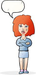 cartoon tough woman with folded arms with speech bubble