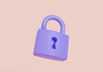 3D cartoon rendering illustration of Purple padlock icon minimal style isolated on pink background. Lock. Locked padlock, restricted access, keyhole, protection privacy, safety. Security concept - obrazy, fototapety, plakaty