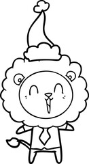 laughing lion line drawing of a wearing santa hat