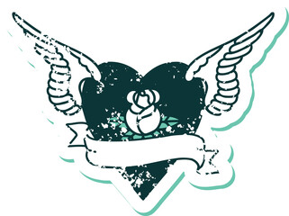 distressed sticker tattoo style icon of a heart with wings a rose and banner
