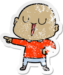 distressed sticker of a happy cartoon bald man