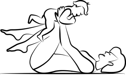 Mom lies and holds her little son in outstretched arms. They are happy and laughing. Black line with thinning..