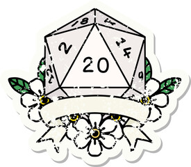 natural 20 critical hit D20 dice roll grunge sticker