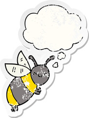 cute cartoon bee and thought bubble as a distressed worn sticker