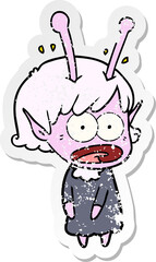 distressed sticker of a cartoon shocked alien girl