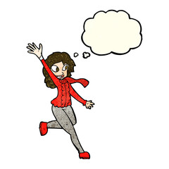 cartoon woman waving dressed for winter with thought bubble