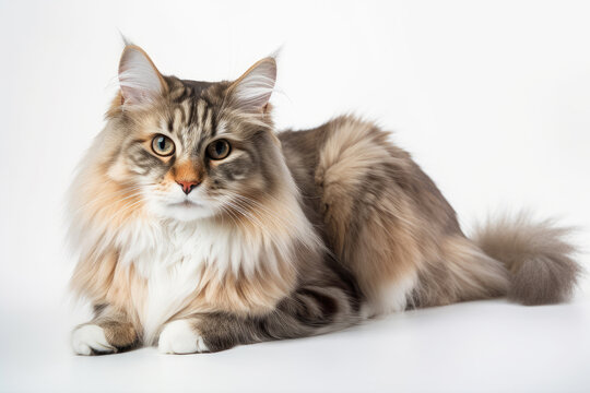Norwegian Forest Cat On White Background. Generative AI
