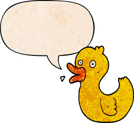 cartoon quacking duck and speech bubble in retro texture style