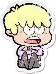 distressed sticker of a worried cartoon boy