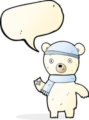 cartoon waving polar bear with speech bubble