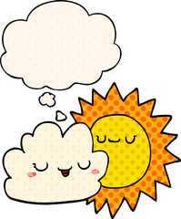 cartoon sun and cloud and thought bubble in comic book style