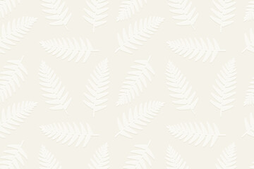 seamless white, cream paper with embossed fern leaves- vector illustration