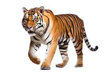 Fototapeta na wymiar an isolated Bengal tiger side view, walking towards, stalking prey, fierce jungle-themed photographic illustration on a transparent background in PNG. Generative AI