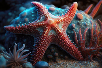 Vibrant Blue Sea Star With Spiky Arms. Generative AI
