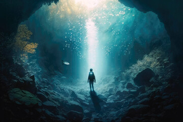 Fototapeta na wymiar Underwater Sunlight Silhouette Of A Woman In Flippers. Generative AI