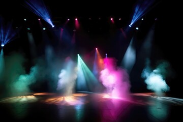 Fototapeta na wymiar Vivid Spotlights Shine On The Stage With Smoke. Generative AI