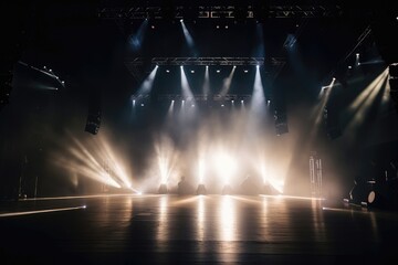 Vivid Spotlights Shine On The Stage With Smoke. Generative AI