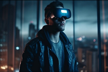 Man in virtual reality glasses traveling through the metaverse. The concept of the metaverse and the virtual world in the style of futuristic. Generative AI