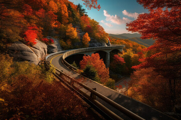 A picturesque, winding mountain road surrounded by vibrant autumn foliage, with a breathtaking view of a valley below and a clear blue sky above.