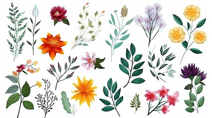 Obraz premium A collection of colorful spring flowers with floral branches, leaves, and foliage. Isolated on a white background. Generative AI