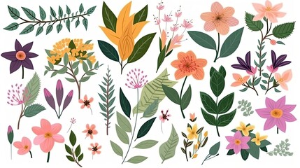 A collection of colorful spring flowers with floral branches, leaves, and foliage. Isolated on a white background. Generative AI