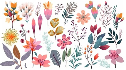 A collection of colorful spring flowers with floral branches, leaves, and foliage. Isolated on a white background. Generative AI