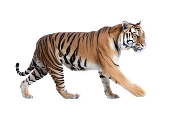 Fototapeta na wymiar an isolated Bengal tiger side view, walking towards, stalking prey, fierce jungle-themed photographic illustration on a transparent background in PNG. Generative AI