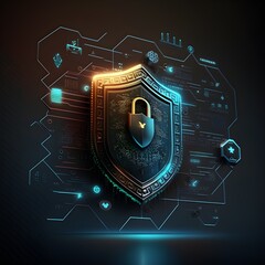 Powerful Cybersecurity: Ultimate Data Protection - A shield graphic with a lock icon and cybersecurity elements represents a secure and reliable system, ensuring data protection and trustworthiness