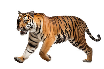 an isolated Bengal tiger side view, walking towards, stalking prey, fierce jungle-themed photographic illustration on a transparent background in PNG. Generative AI