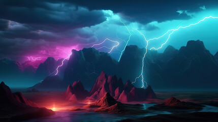 stormy clouds, lightning and rocky mountains at night, Bright color. Generative Ai