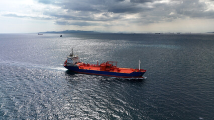 Aerial drone photo of industrial LPG tanker cruising deep blue Mediterranean sea