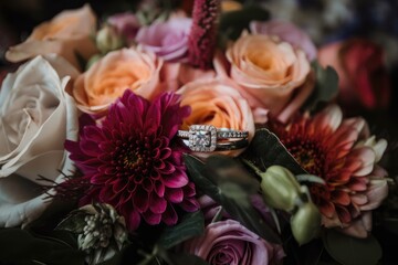 A Shot Of The Brides Ring With The Wedding Bouquet In The Background. Generative AI