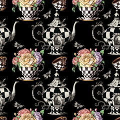 Alice in Wonderland cute watercolor objects set seamless pattern AI generated - 586692447