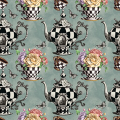 Alice in Wonderland cute watercolor objects set seamless pattern AI generated - 586692494